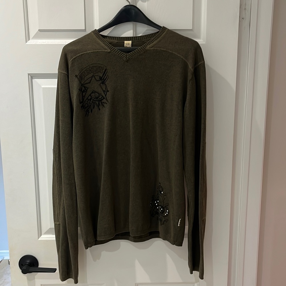 Vintage Buffalo David Bitton Sweater Army Green Large Elbow Patches EUC